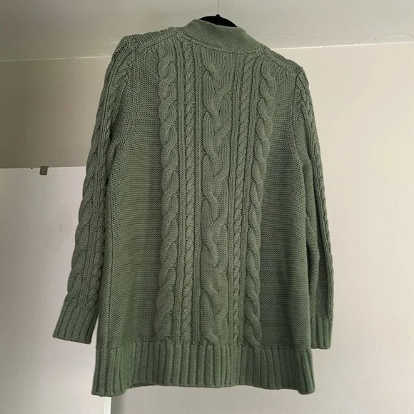 L.L. Bean Double L® Cable Sweater, Button-Front Cardigan - Bay Leaf Green - Picture 4 of 7